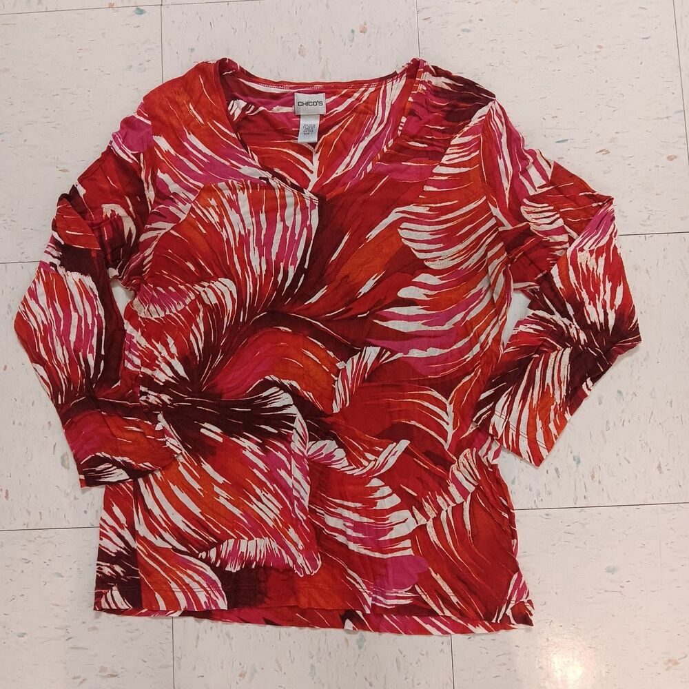 Chicos Size 1 Red Print Slub Knit Cotton Modal V- Neck Tee 3/4 Sleeve Top
